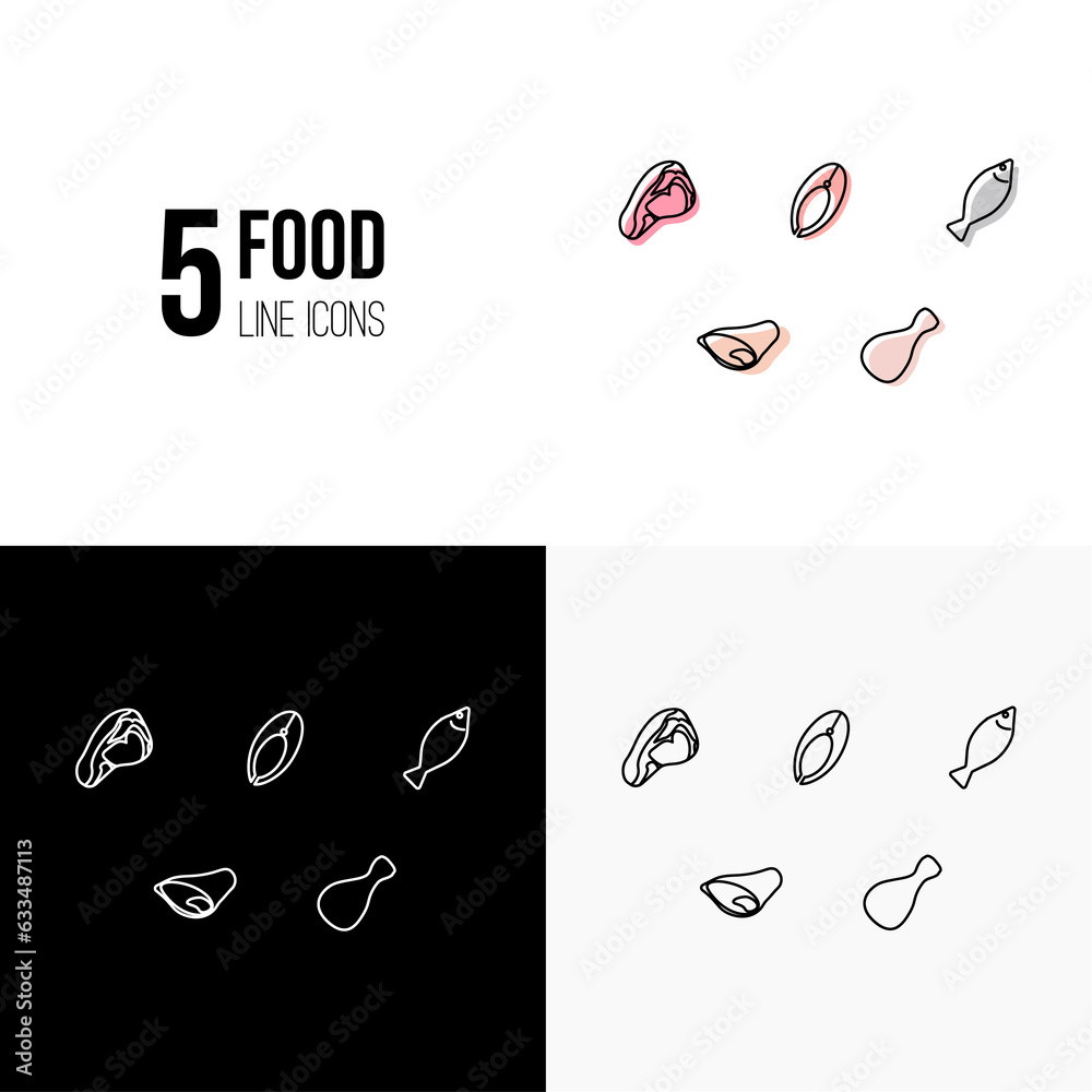 5 healthy food icons, white on a black background, black on a white ...