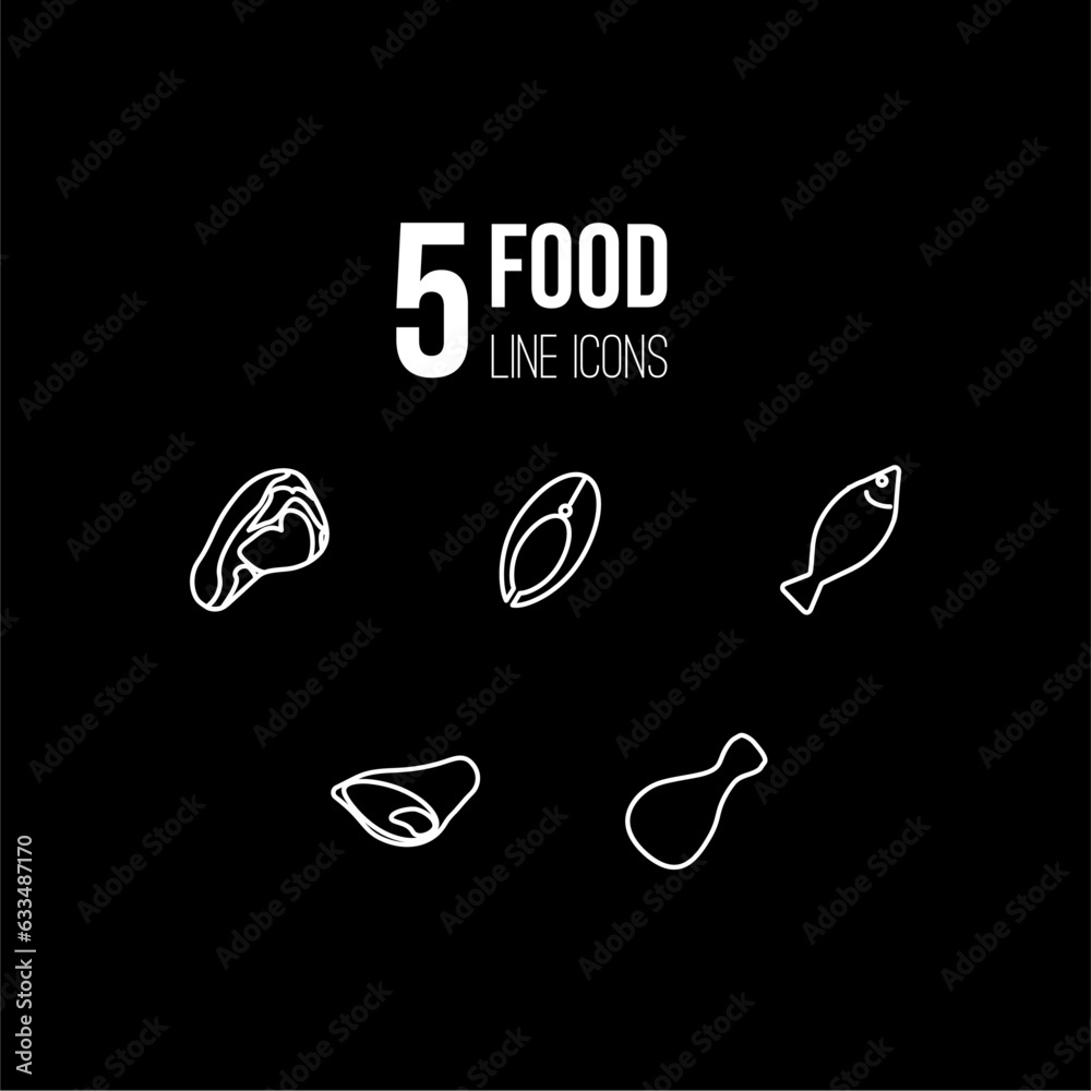5 healthy food icons, white on black background. Protein: meat, fish, chicken leg, cutaway fish, pork leg. Used for designing mobile applications. 5 healthy food icons, white on black background. Protein: meat, fish, chicken leg, cutaway fish, pork leg. Used for designing mobile applications.