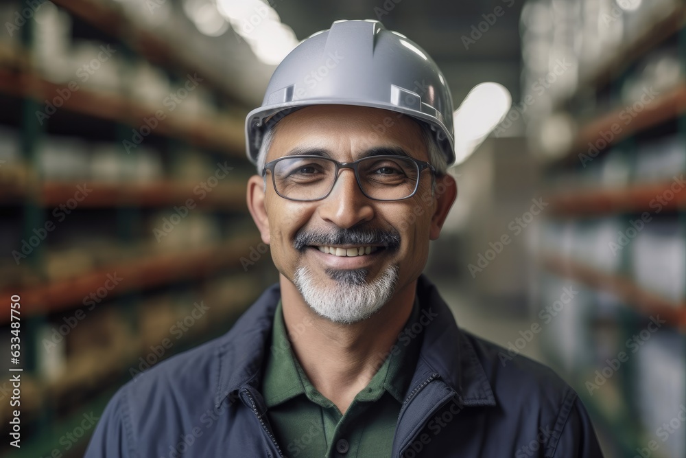 Mexican latin warehouse worker smiling portrait in a warehouse Mexican latin warehouse worker smiling portrait in a warehouse