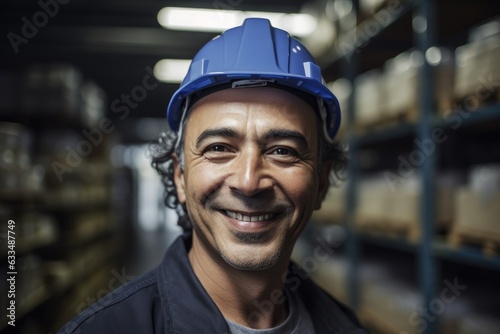 Mexican latin warehouse worker smiling portrait in a warehouse