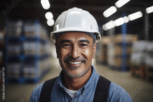 Mexican latin warehouse worker smiling portrait in a warehouse