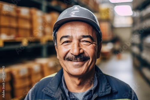 Mexican latin warehouse worker smiling portrait in a warehouse © NikoG