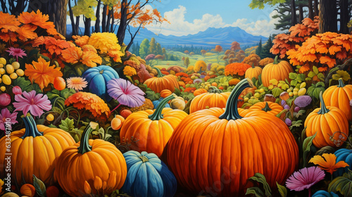 Pumpkin painting in a field, flowers, bright and lively colors, mountain scenic background. Generative AI
