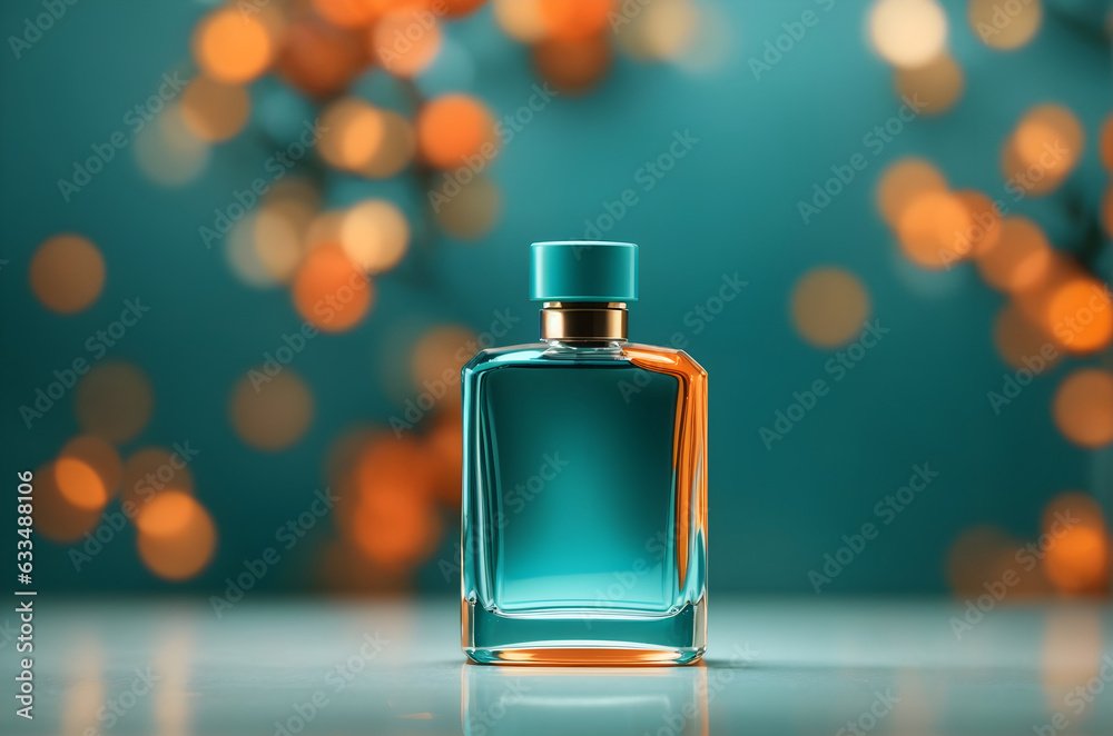 Beautiful background design with blank decorative parfume bottle in teal and orange, banner design with copy space text