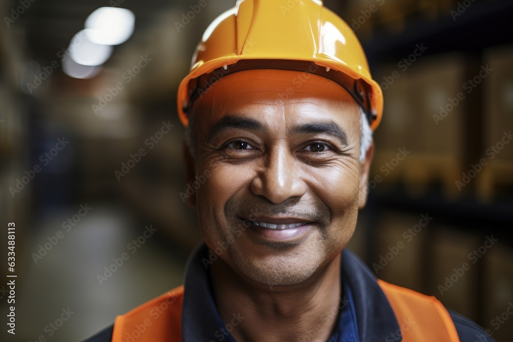 Mexican latin warehouse worker smiling portrait in a warehouse Mexican latin warehouse worker smiling portrait in a warehouse