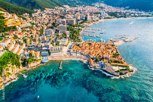 Budva, Montenegro from the air. Aerial city and beach  view. photo