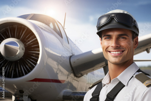 Portrait of pilot in airport near airplane. Male confident pilot in uniform standing near private jet and smiling.
