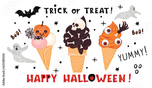 Halloween card with ice cream dessert.Banner with cute cartoon characters and hand written text.Colorful print with bat,spider,web,ghost,pumpkin and doodle elements.Vector flat illustration on white.