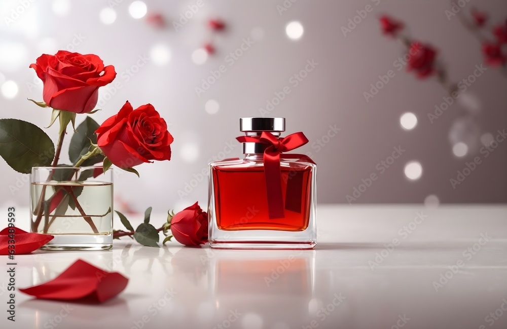 Beautiful background design with decorative red parfume bottle and red roses, banner with copy space text