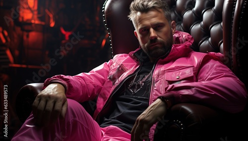 fashionable man boss in a pink suit, male businessman sits in a luxury chair. Made in AI.
