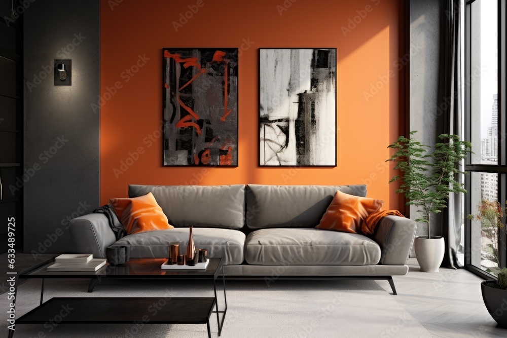 Fototapeta premium room with modern grey tones and a vibrant orange sofa.