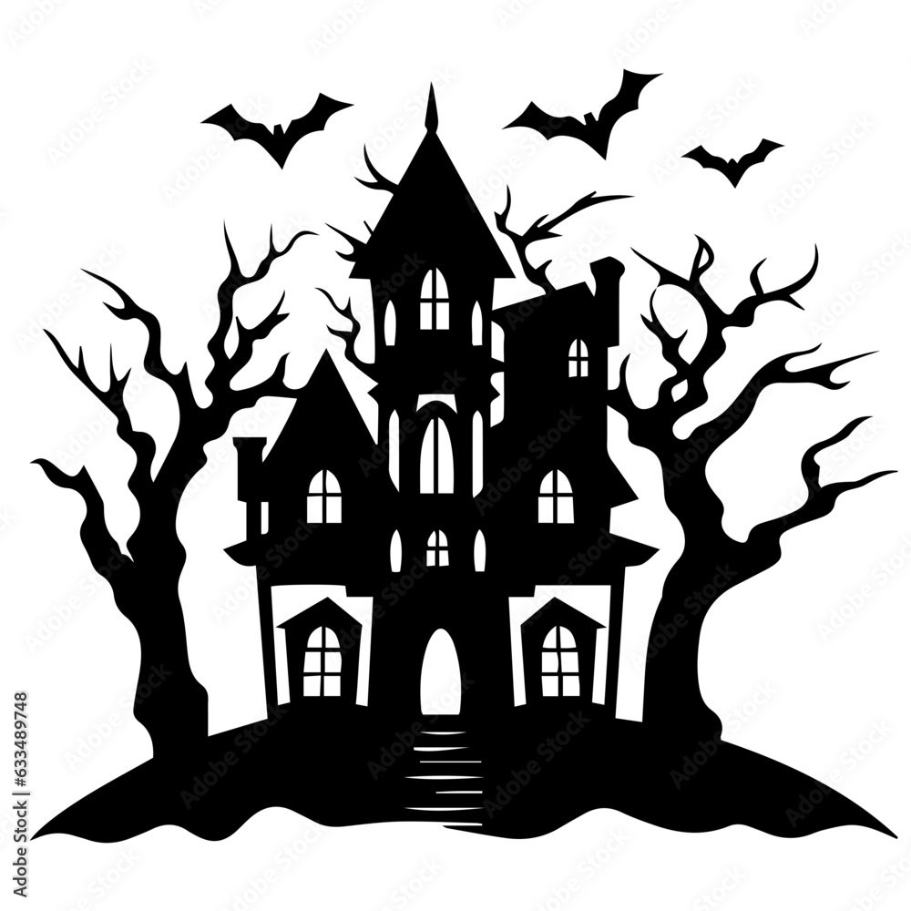 Illustration of silhouette a scary house. Mystical house with monsters and ghost for Halloween Illustration of silhouette a scary house. Mystical house with monsters and ghost for Halloween