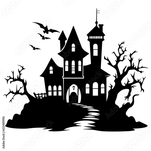 Illustration of silhouette a scary house. Mystical house with monsters and ghost for Halloween