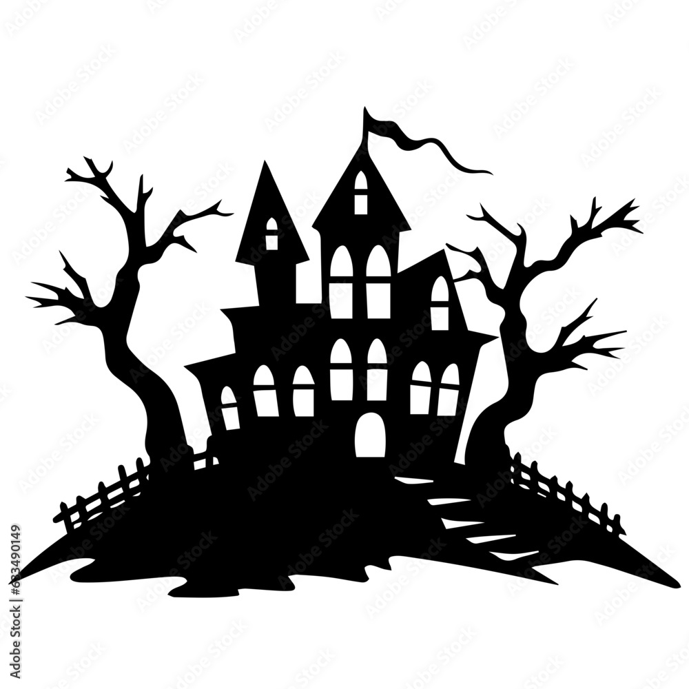 Illustration of silhouette a scary house. Mystical house with monsters and ghost for Halloween Illustration of silhouette a scary house. Mystical house with monsters and ghost for Halloween
