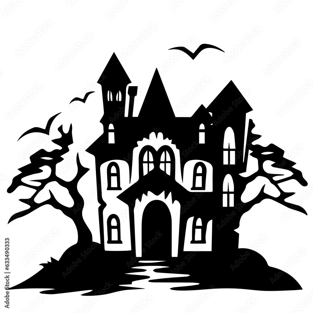 Illustration of silhouette a scary house. Mystical house with monsters and ghost for Halloween