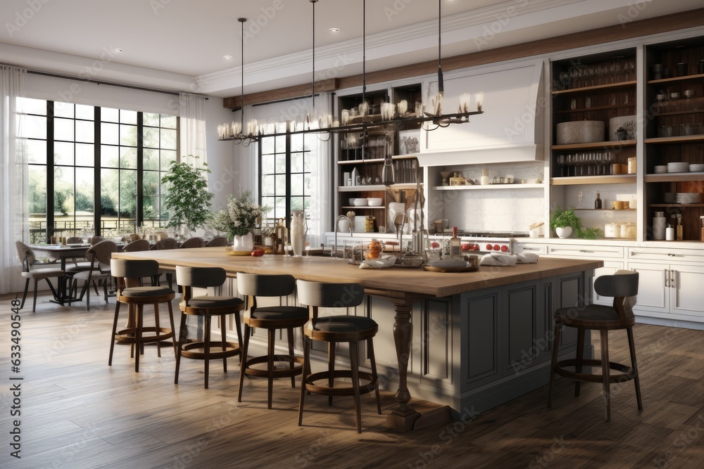 A large kitchen is depicted in the rendering, featuring light grey walls and a dark wooden floor. In the foreground, there is a cozy dining area with a comfortable table surrounded by plush armchairs