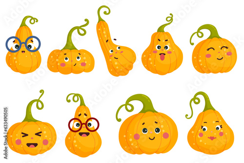 Set of funny pumpkin characters.Vector graphics.