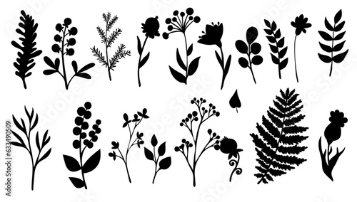 Set of silhouettes of botanical elements,flowers,berries,leaves,herbs.Vector graphics. © Екатерина Якубович
