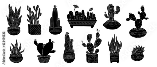 Set of silhouettes of cacti,succulents in a flower pot.Vector graphics.