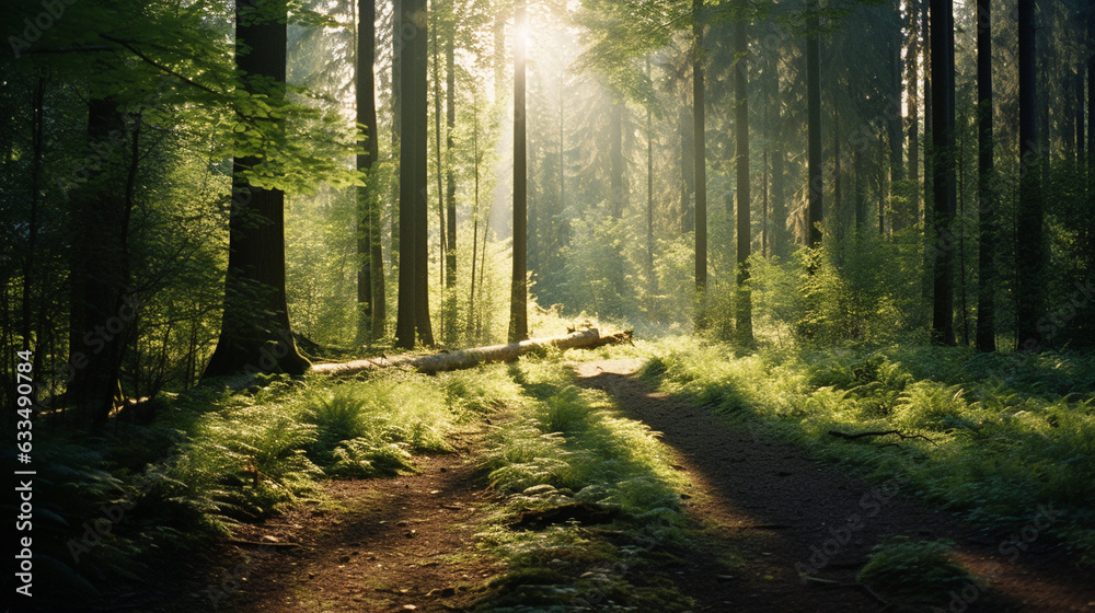 Lush forest with leaves and trees, Sunlight