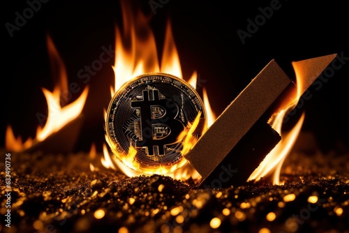 Print op canvas Bitcoin metal coin is burning with flame