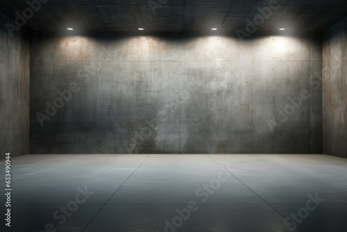 Abstract empty, modern concrete room with soft overhead lighting and a rugged cement floor. This industrial interior serves as a versatile background template, depicted in a . © 2rogan