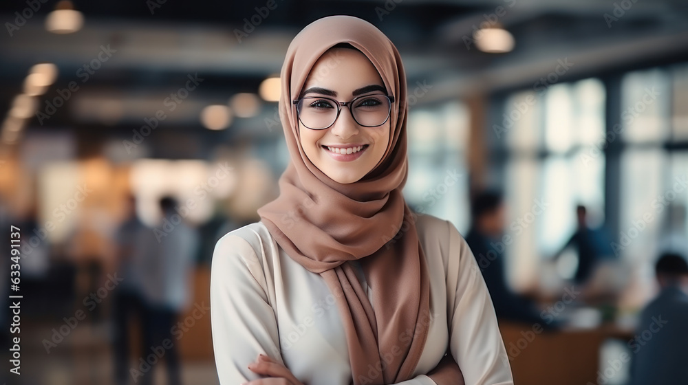 Obraz premium Muslim business woman closeup in the office, generative ai
