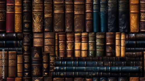 Old books, stacked on a shelf. Tiled or repeatable texture for digital creations. 