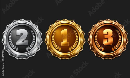 Gold, silver and bronze medals. Metallic winner award. Vector illustration.