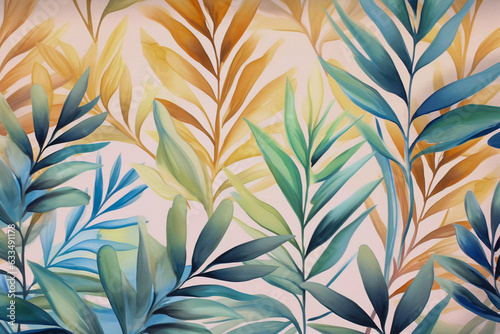 Jungle Elegance: Watercolor Tropical Leaves Pattern with Artistic Flair, Generative AI