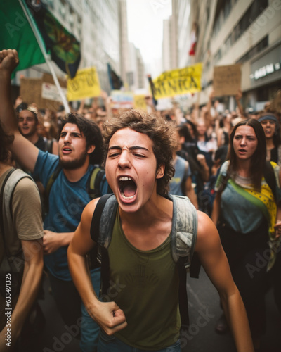 jeunes personnes en train crier des slogans et de manifester dans la rue 