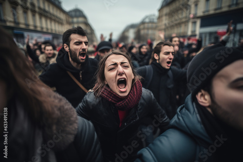 jeunes personnes en train crier des slogans et de manifester dans la rue  photo