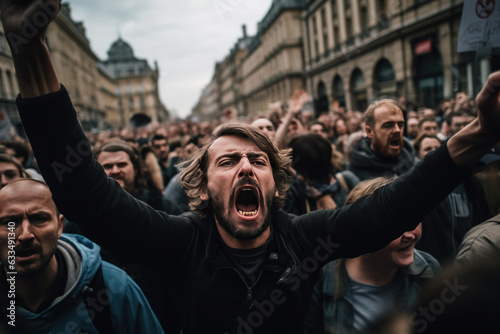 jeunes personnes en train crier des slogans et de manifester dans la rue  photo
