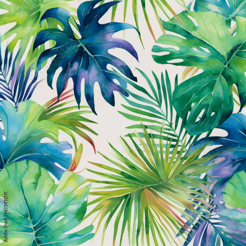 Jungle Elegance: Watercolor Tropical Leaves Pattern with Artistic Flair, Generative AI