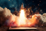 Rocket launched with a nuclear warhead autonomously from a laptop computer through the use of machine learning technology causing mass destruction of mankind, Generative AI stock illustration image