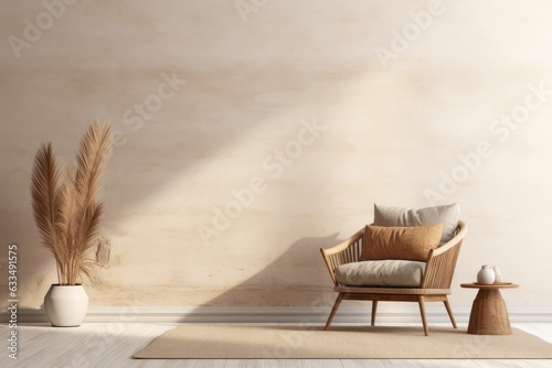 A rendering of a living room interior wall mockup is shown  featuring warm tones. A beige linen armchair  dried Pampas grass  and a woven rug are visible in the mockup. The empty wall background is