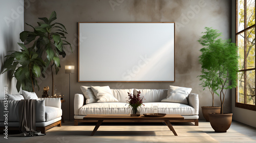 Photo of a cozy living room with empty canvas on wall, stylish furniture and natural light generative art