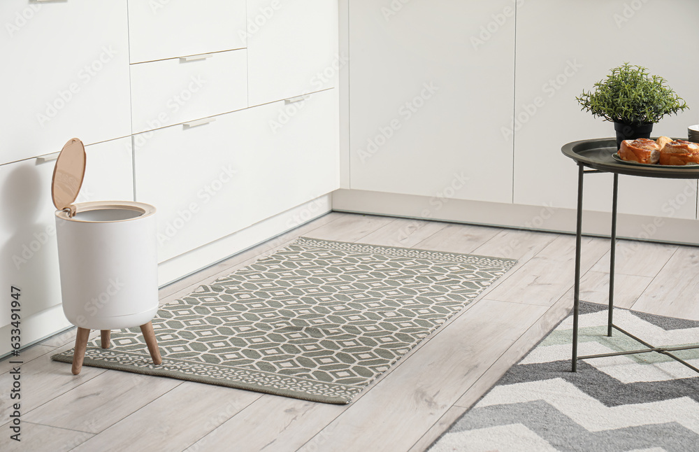 Interior of modern kitchen with stylish rug, trash bin and white