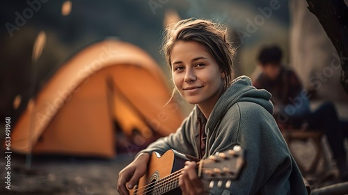 Young woman tourist plays guitar music and sings song near a tent in a camping. Travel adventure tourism and freedom concept.