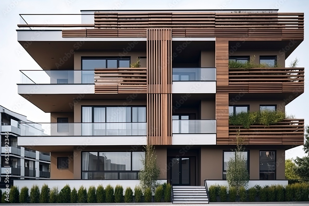 Fototapeta premium A modern apartment building with multiple balconies and glass facades created with Generative AI technology