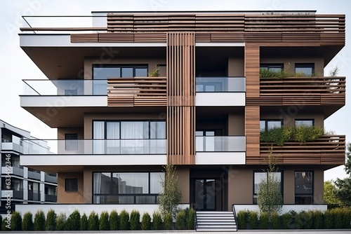 Fotografija A modern apartment building with multiple balconies and glass facades created wi
