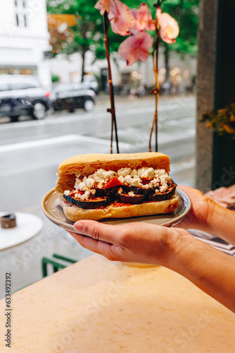 female hands holding a plate with healthy vegan sandwiches
