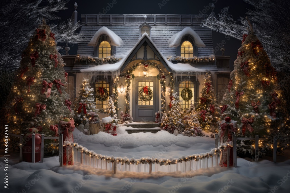 Traditional houses decorated with christmas garlands and lights