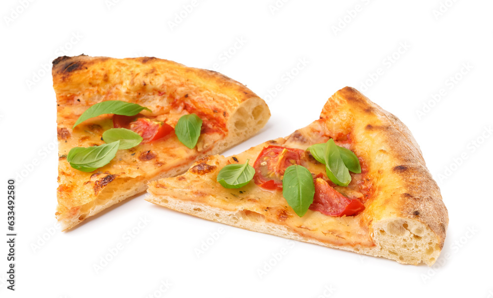 Pieces of tasty pizza Margarita with tomatoes and basil on white background