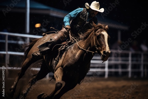 Cowboy on a horse in a rodeo at night .Generative AI