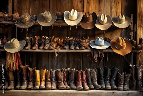 Fototapete Wooden shelf with cowboy hats and boots .Generative AI