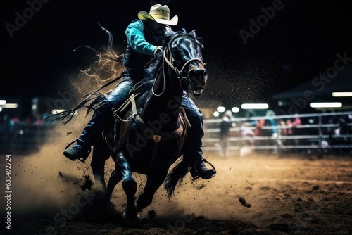 Cowboy on a horse in a rodeo at night .Generative AI © gankevstock
