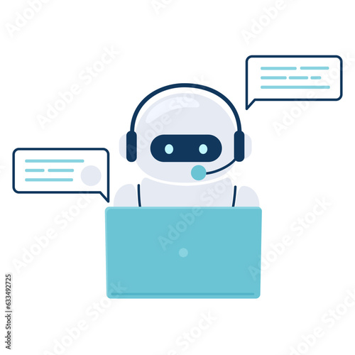 Digital chat bot, robot assistant for customer support. Concept of virtual conversation assistant for getting help. Robot is working on a laptop. Vector illustration isolated on white background.