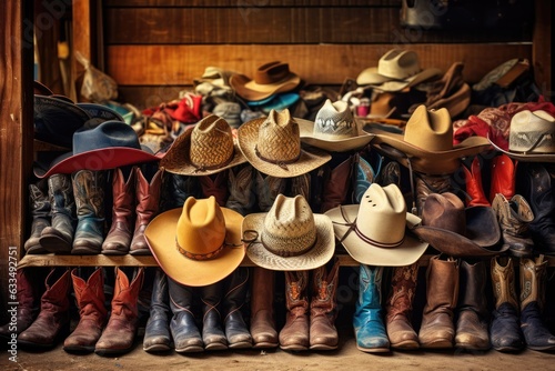 Wooden shelf with cowboy hats and boots .Generative AI