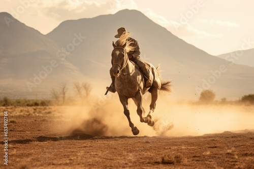 Fototapete Cowboy on a horse galloping in the desert .Generative AI